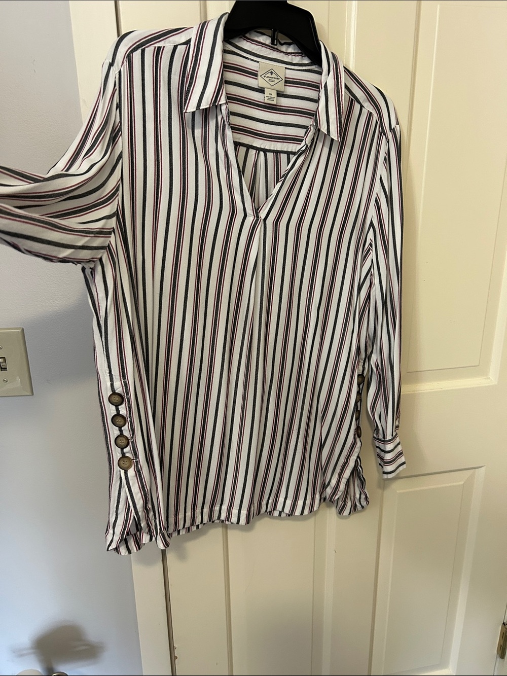 St. John's Bay White Blouse with Black and Burgundy Stripes